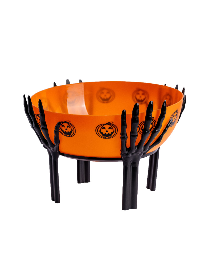 Orange basket with skeleton hands