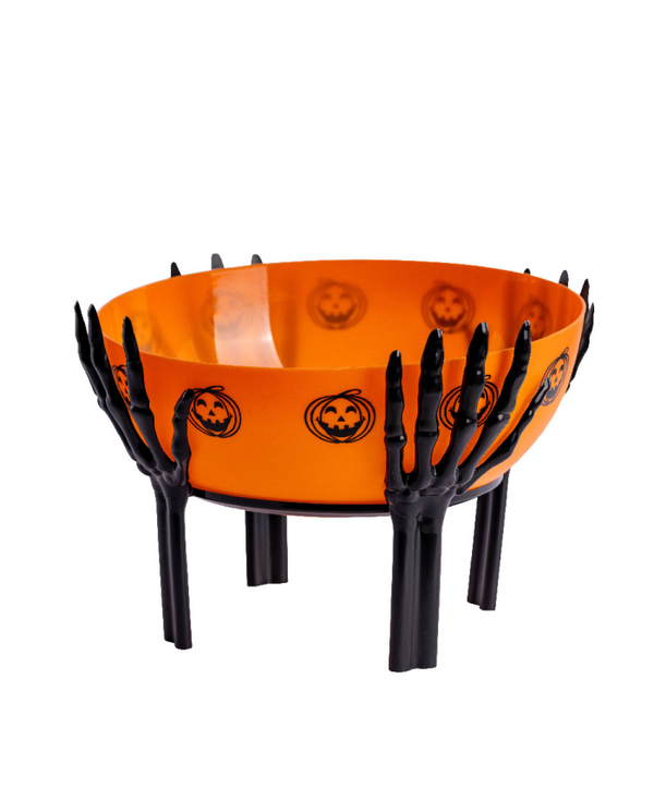 Orange basket with skeleton hands